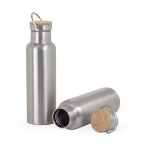 Garrafa Térmica: Garrafa térmica feita em inox com parede dupla, capacidade de 600ml. Tampa com acabamento em bambu e alça para transporte.